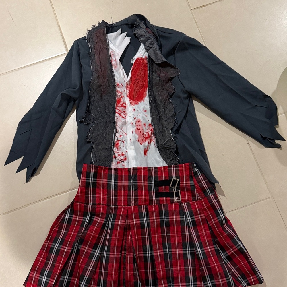 Red Plaid Skirt and Black Jacket Set